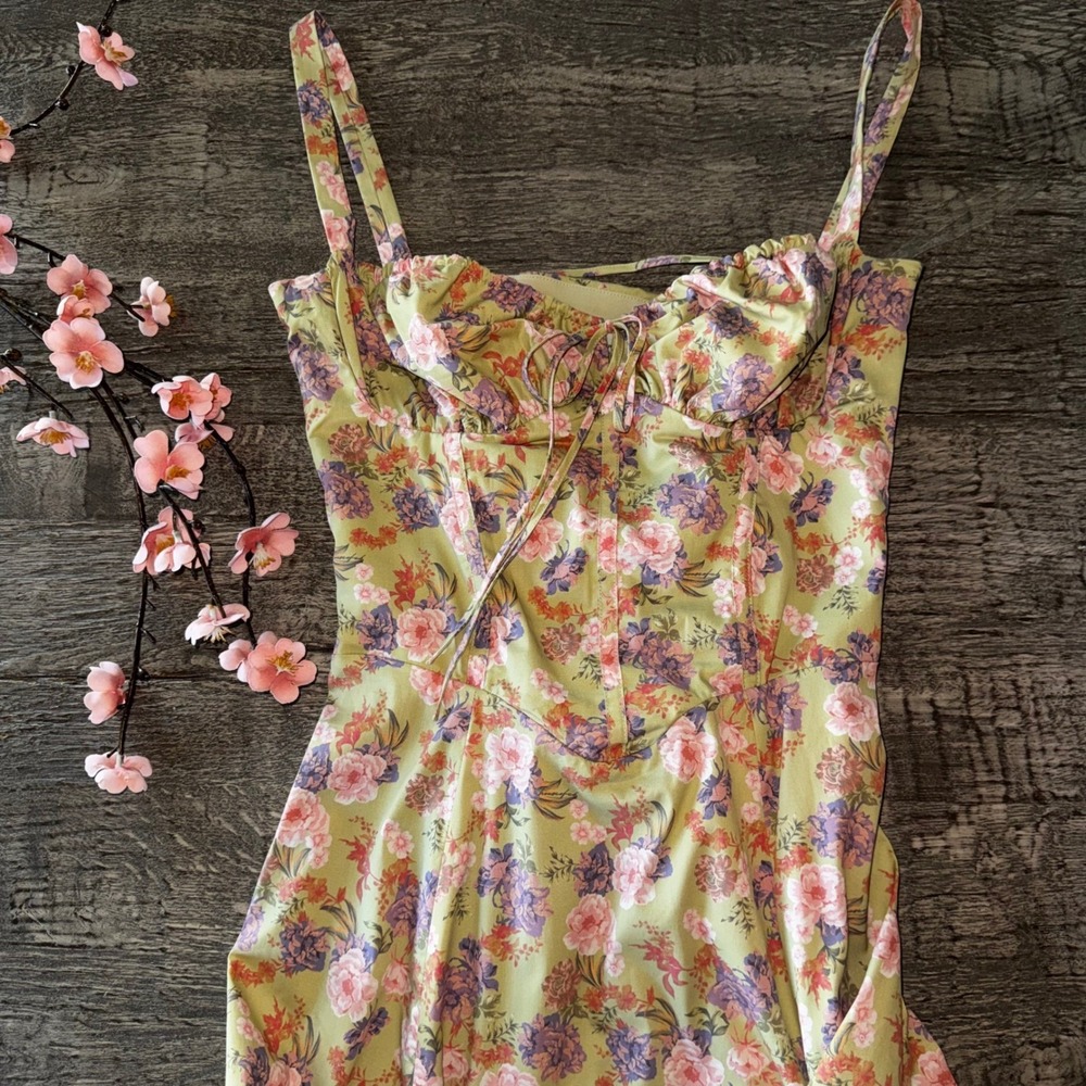 House of CB Carmen Peony Print Bustier Sundress Light Green Floral Corset